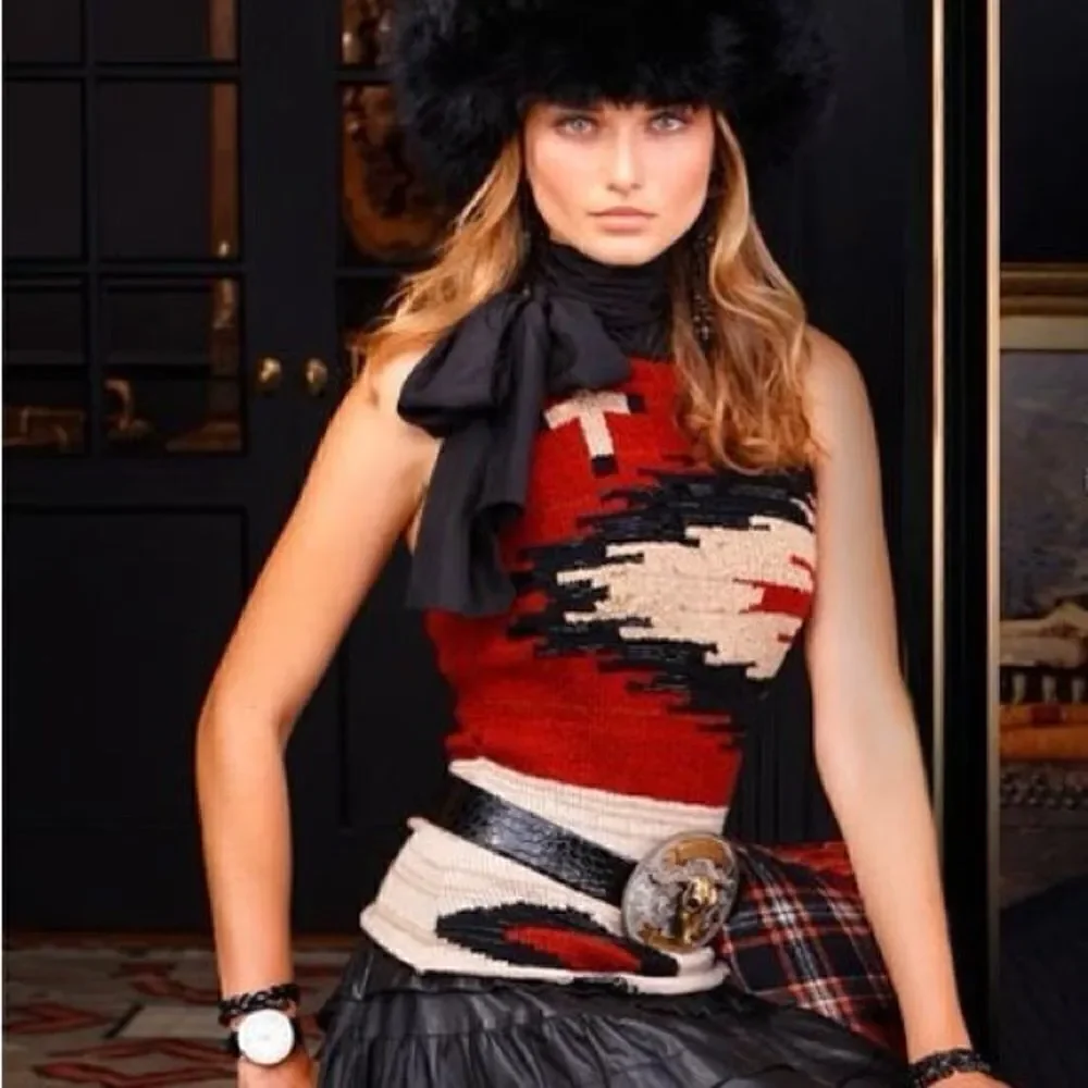 Ralph Lauren * 2011 Hand-Knit Red Beacon Blanket Beaded Halter with Silk Scarf - Picture 9 of 16